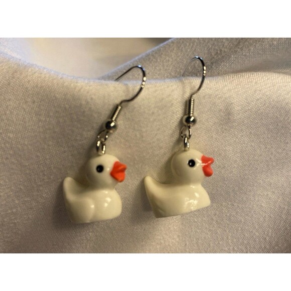 Jewelry - Earrings Baby Duck White Whimsical Dangle Quack Duckling Playful Fun Bird
